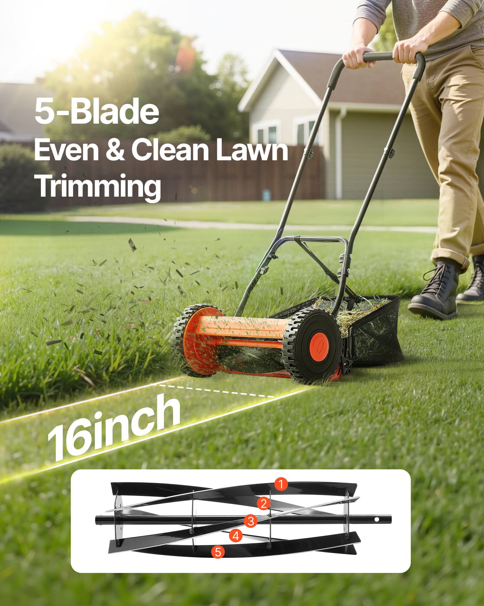 5-Blade Even & Clean Lawn Trimming  
16 inch  

1  
2  
3  
4  
5