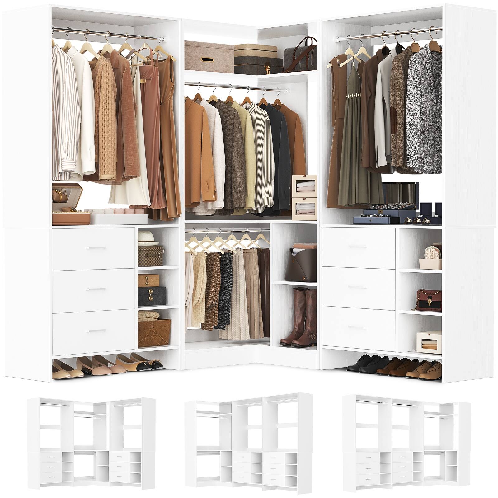 Angle. Aheaplus - 61'' - 92.6'' W L-Shaped Closet System - Corner Wardrobe System with 6 Drawers, 4 Hanging Rods, and Shelves - White.