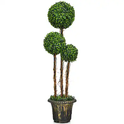 Front. Costway - Costway 4ft Artificial Topiary Triple Ball Tree Plant Outdoor Indoor UV Resistant - Green.