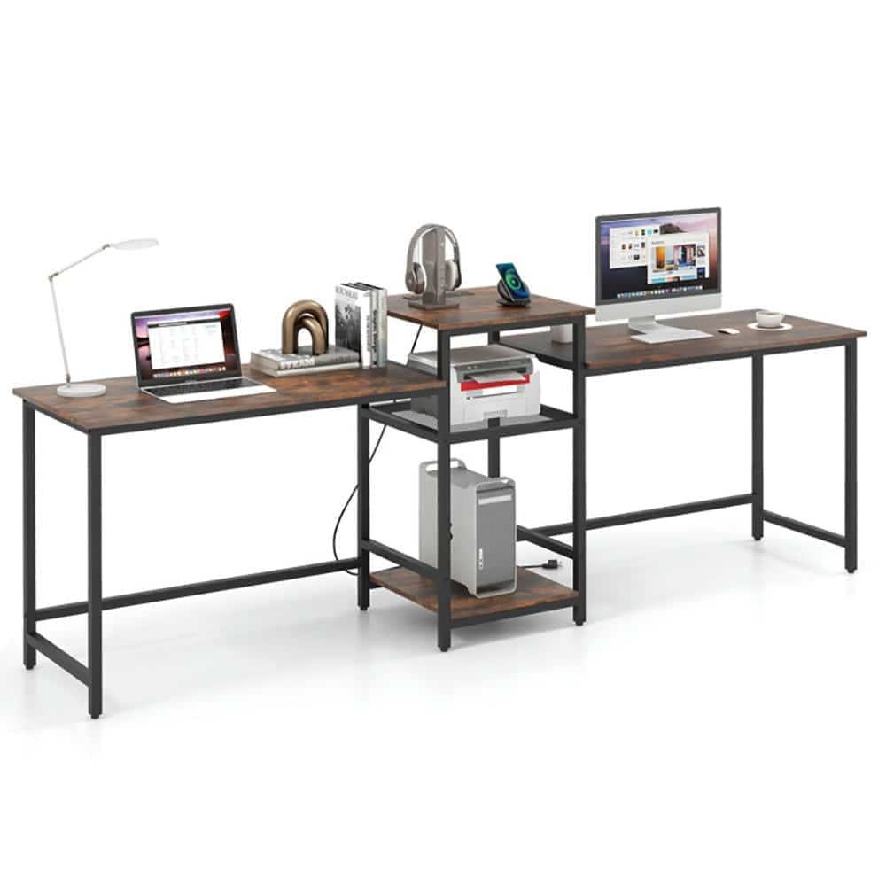 Kadyn - Study Writing Desk, Computer Desk,2-Person Computer Desk with Power Outlet and Printer Stand-Rustic - Brown