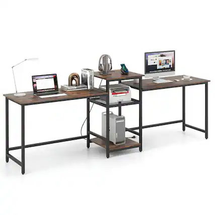 Front. Resenkos - Study Writing Desk, Computer Desk,2-Person Computer Desk with Power Outlet and Printer Stand-Rustic Brown - Brown.
