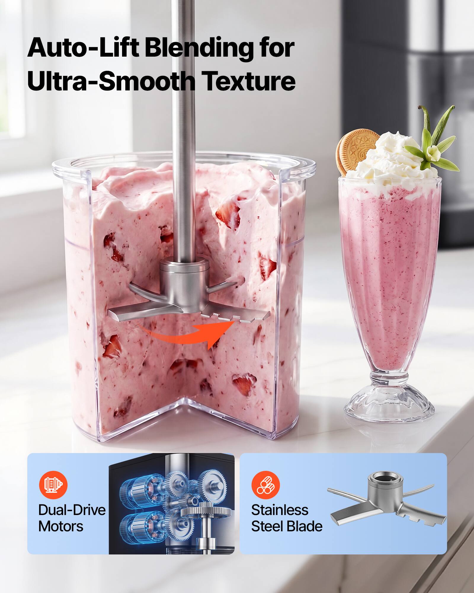 Auto-Lift Blending for Ultra-Smooth Texture  
Dual-Drive Motors  
Stainless Steel Blade