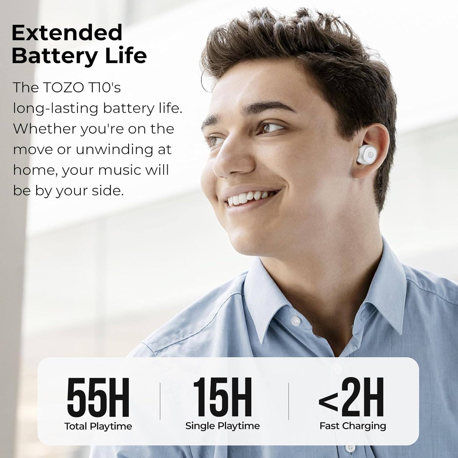 Extended Battery Life
The TOZO T10's long-lasting battery life. Whether you're on the move or unwinding at home, your music will be by your side.
55H Total Playtime
15H Single Playtime
<2H Fast Charging