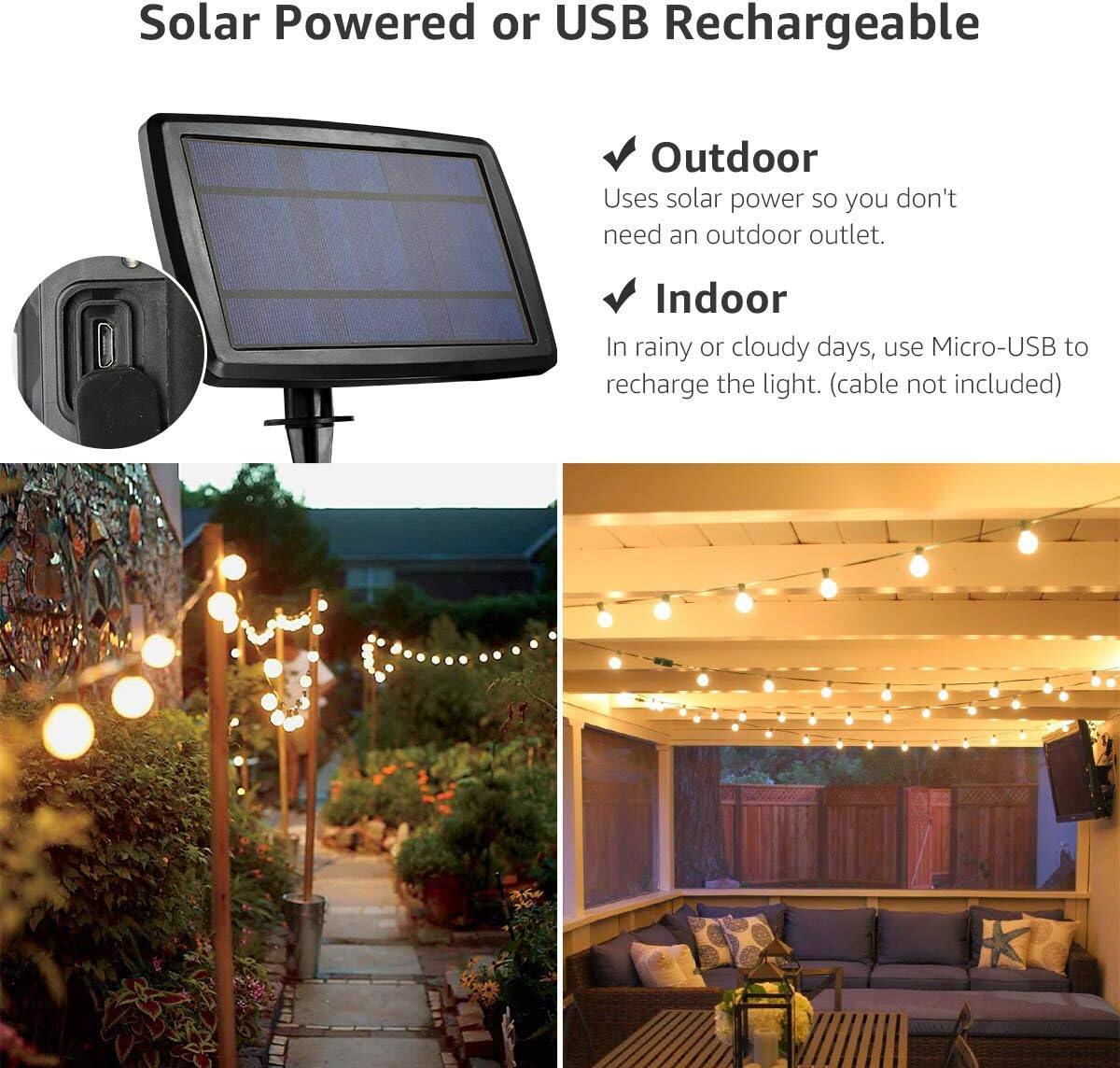 Angle. Lepro - 25ft Solar/USB Rechargable Dusk-to-Dawn Outdoor String Lights, 26 LED G40 Bulbs, for Porch Backyard Pool Party Garden.
