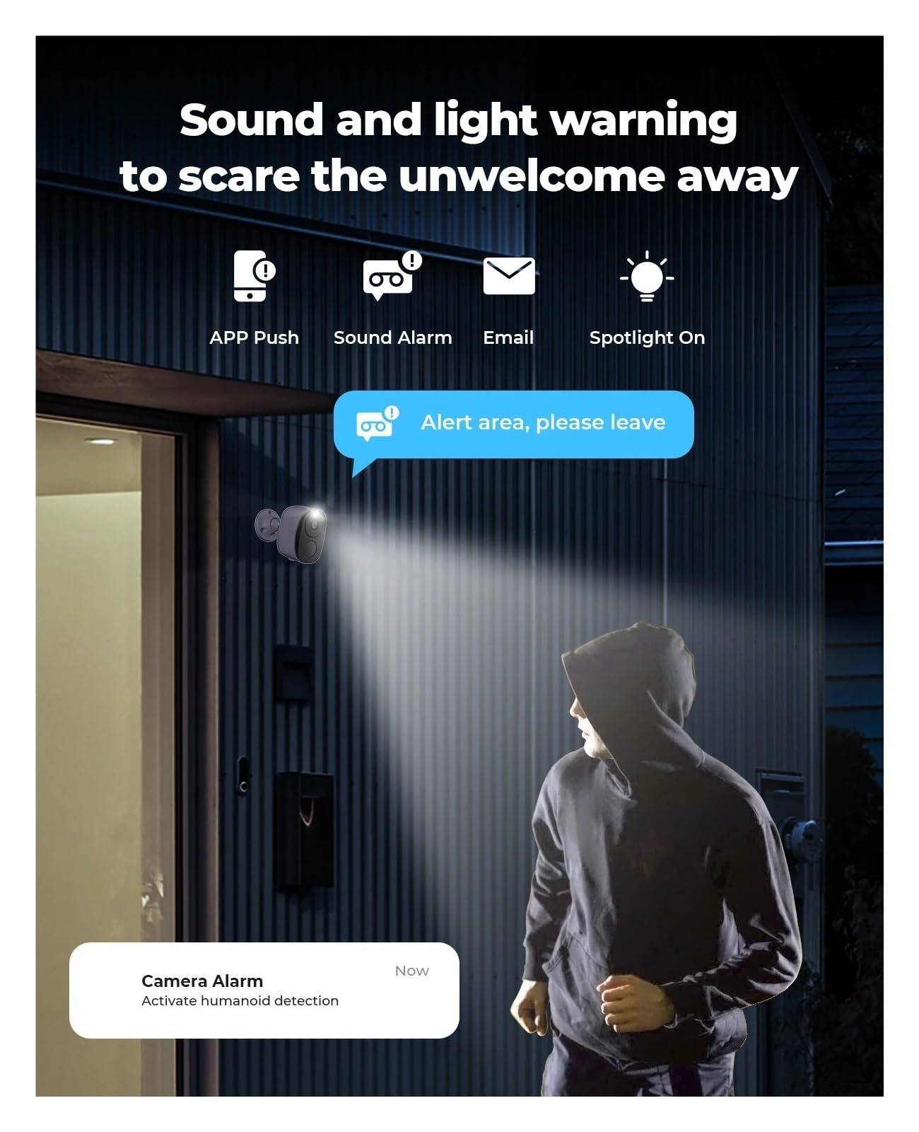 Sound and light warning to scare the unwelcome away!

- APP Push
- Sound Alarm
- Email
- Spotlight On

Alert area, please leave

Camera Alarm
Activate humanoid detection
Now