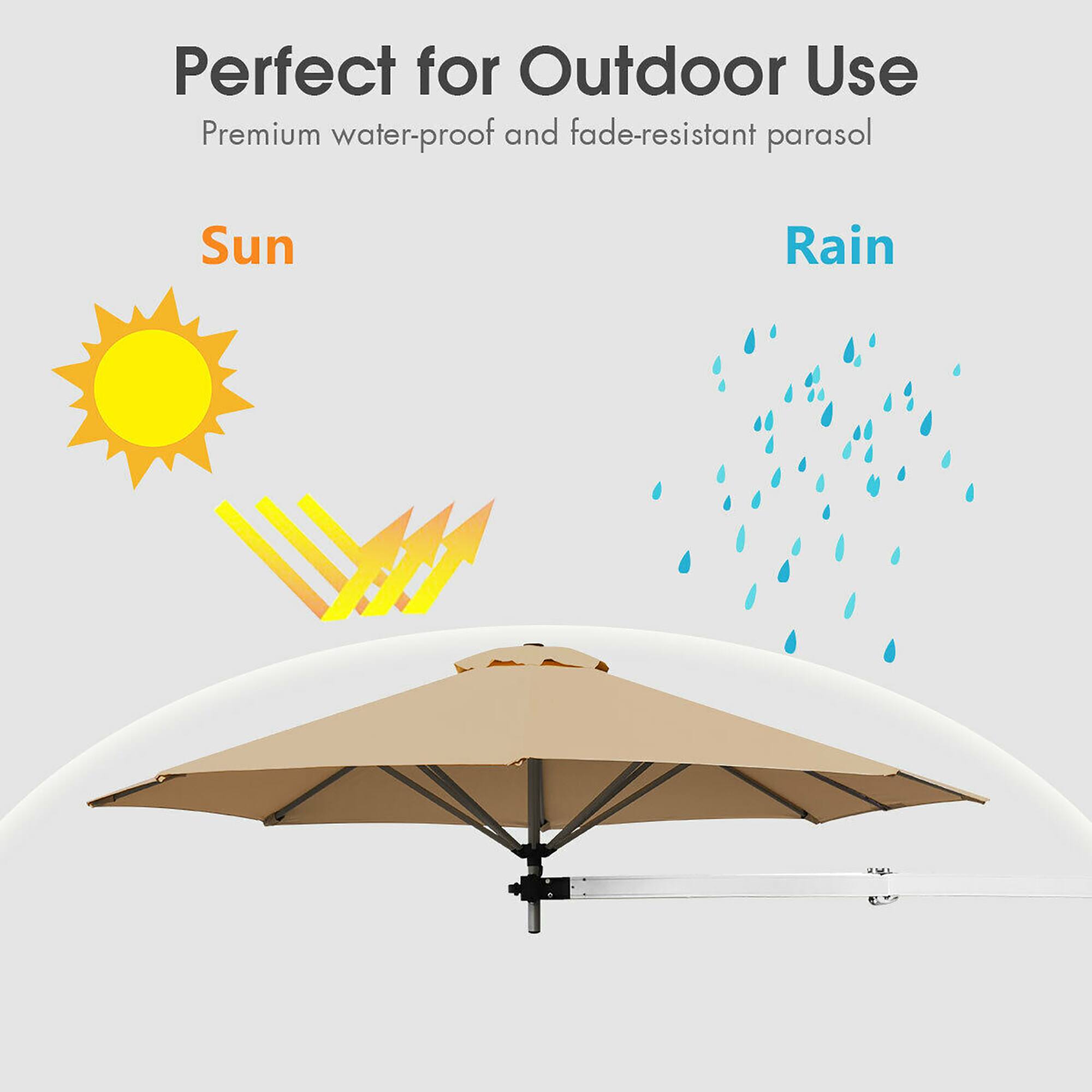 Perfect for Outdoor Use  
Premium water-proof and fade-resistant parasol  

Sun  
Rain