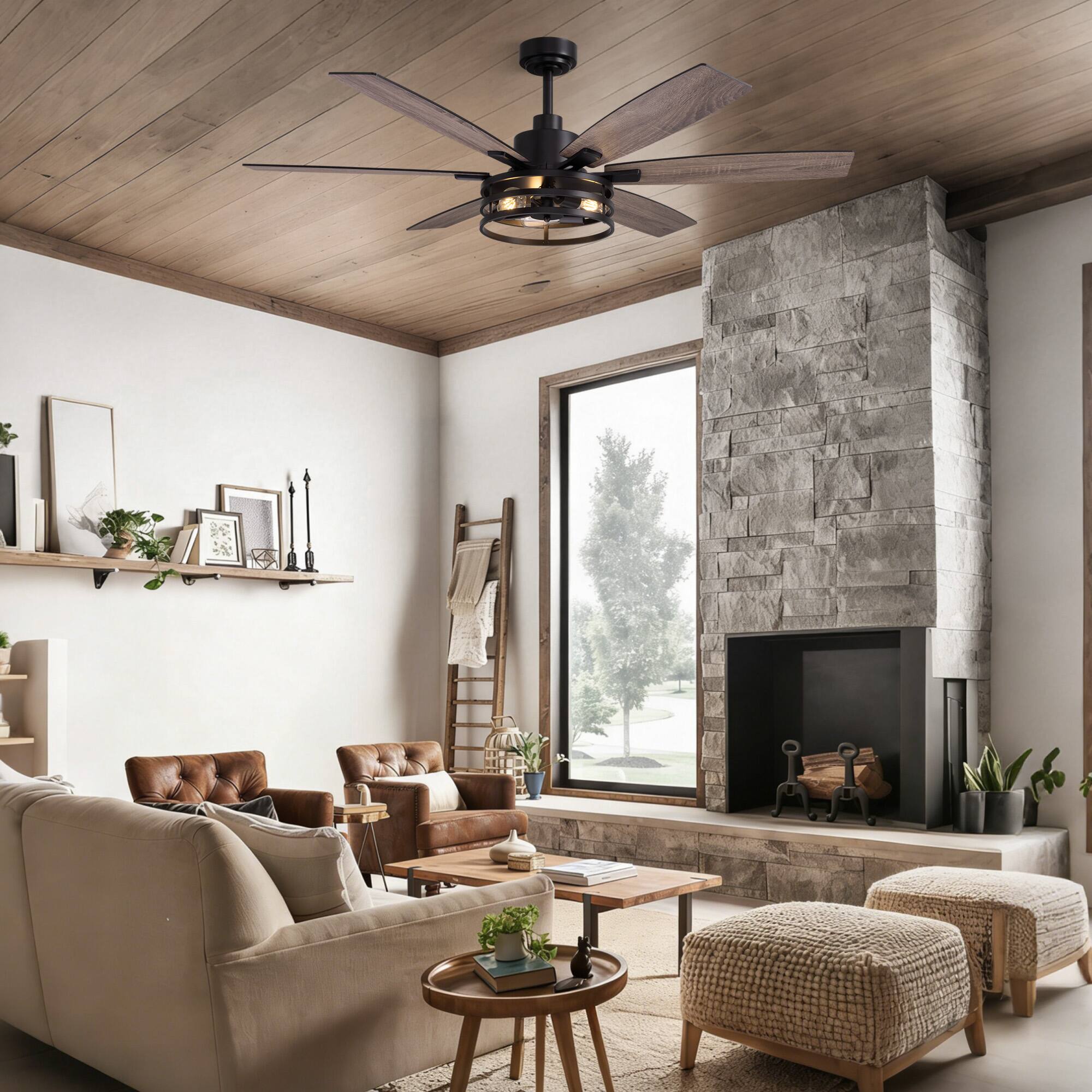 Back. Siljoy - 60-Inch Matte Black Farmhouse Cage Ceiling Fan with Light 6 Big Dual Color Blades for Living Room Bedroom Kitchen Patio - Black.