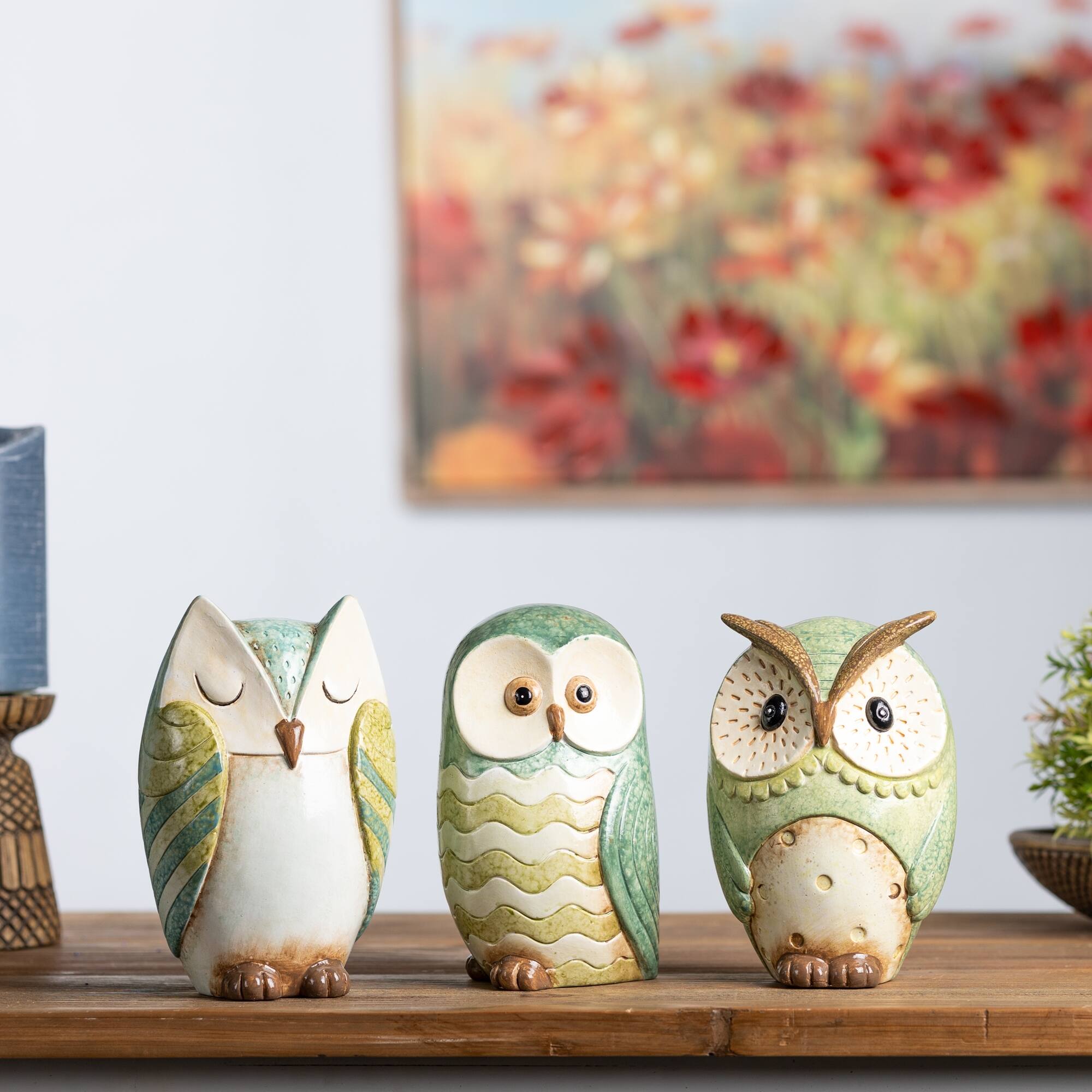 Angle. BreeBe - Terra Cotta Owl Figurine (Set of 3) - Blue, Green, White.