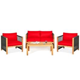 Kadyn - 4 Outdoor Acacia Wood patio conversation sets Sunroom Furniture Indoor Sectional Garden Seating Groups Chat Set with - Red