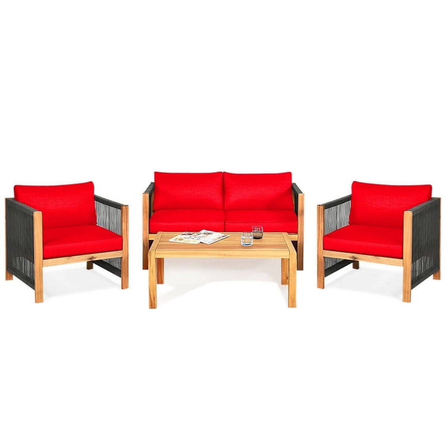 Front. Kadyn - 4 Outdoor Acacia Wood patio conversation sets Sunroom Furniture Indoor Sectional Garden Seating Groups Chat Set with ... - Red.
