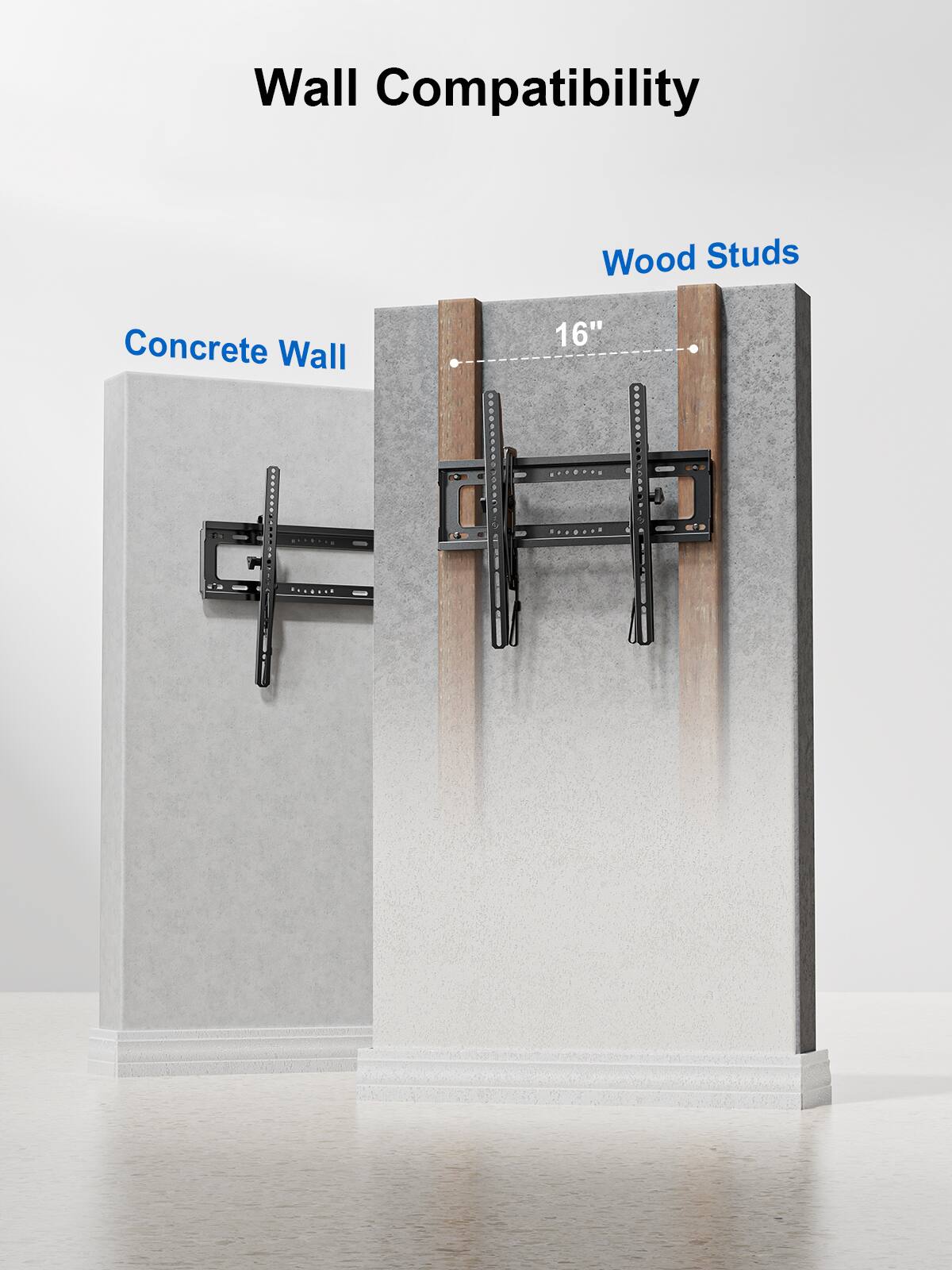Wall Compatibility

Concrete Wall

Wood Studs

16"