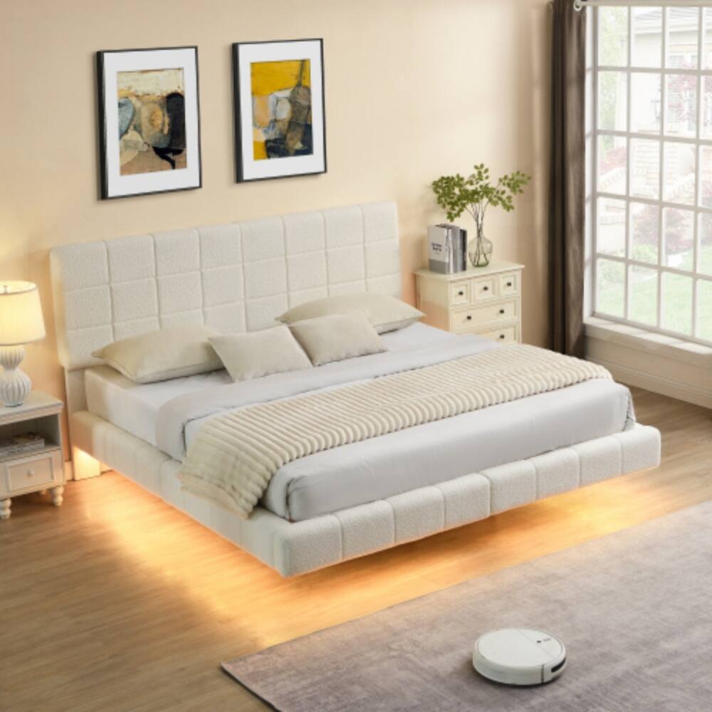 Angle. LUCKY ONE - King Size White Boucle Floating Bed with LED Light, Anti-Collision Corners, No Box Spring Needed, Easy Clean Under-Bed - White.