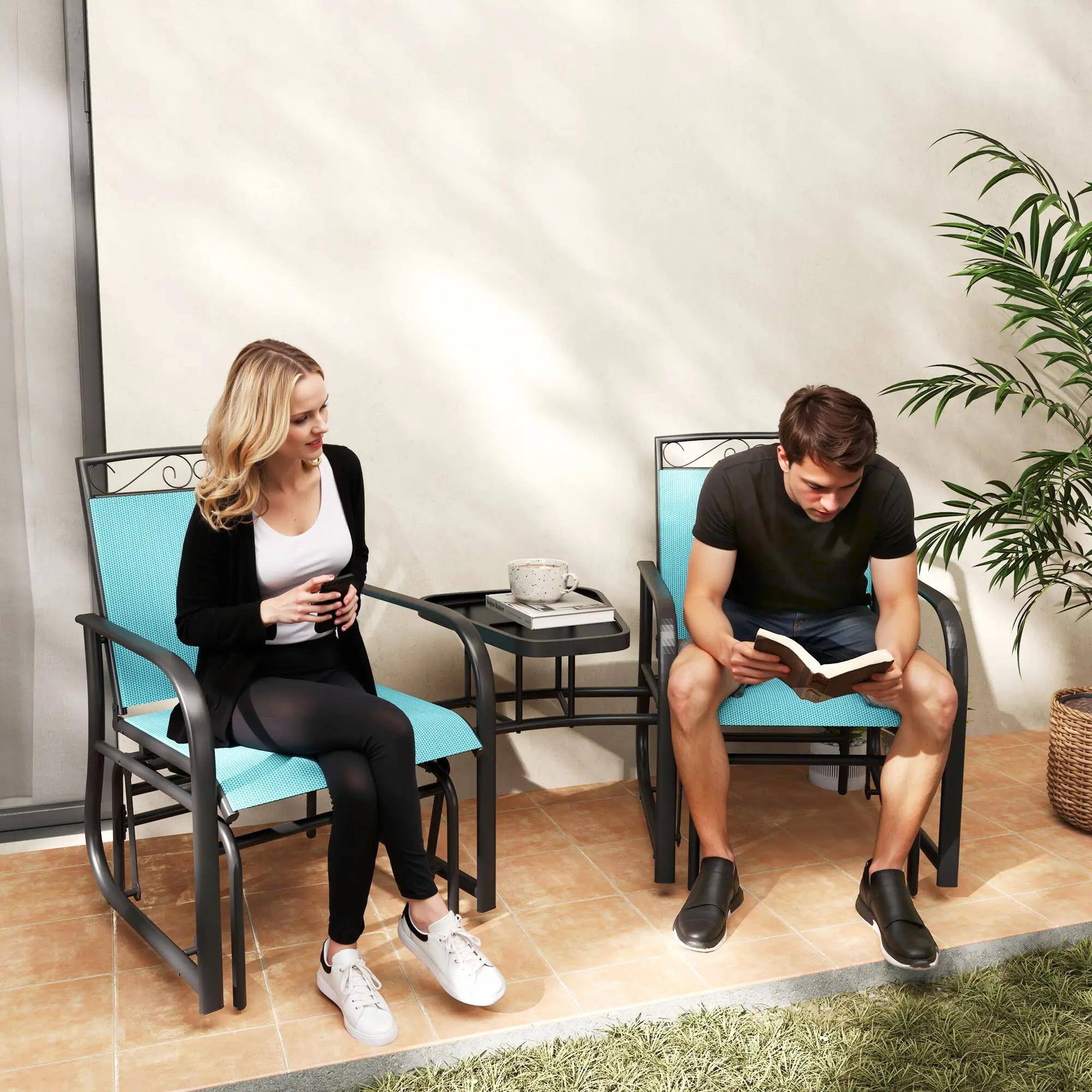 Alt View 7. Resenkos - Resenkos Patio Swing Set with Coffee Table, 2-Seat Rocking Chairs, Breathable Sling, Perfect for Outdoor Relaxation,Blue - Blue.