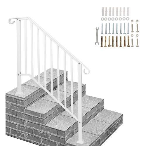 Winado - Handrails Steps Stair Fits 3-4 Steps, Wrought Iron Hand Rail Stair Railing 1PC for Outdoor Concrete Porch Wooden Steps - White
