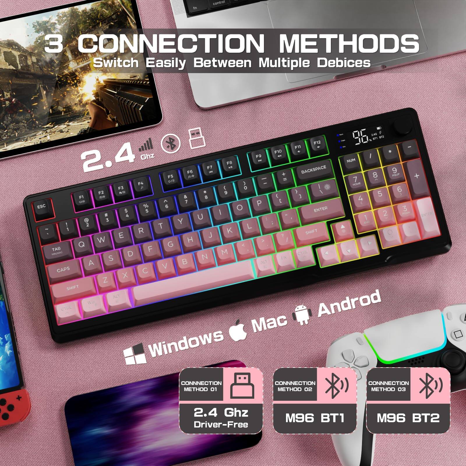 3 CONNECTION METHODS  
Switch Easily Between Multiple Devices  

2.4 Ghz  

Windows Mac Android  

CONNECTION METHOD 01  
2.4 Ghz Driver-Free  

CONNECTION METHOD 02  
M96 BT1  

CONNECTION METHOD 03  
M96 BT2