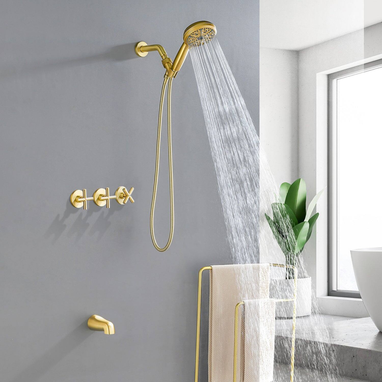 Alt View 3. Boyel Living - Brushed Gold Shower Set with 10 Function ABS Handheld Shower Three Handle Control and High Flow Tub Spout - Brushed Gold.