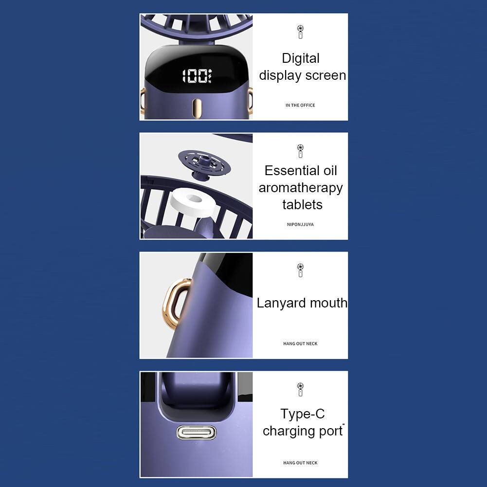 100: Digital display screen  
Essential oil aromatherapy tablets  
Lanyard mouth  
Type-C charging port  

IN THE OFFICE  
NIPONJJUYA  
HANG OUT NECK  
HANG OUT NECK