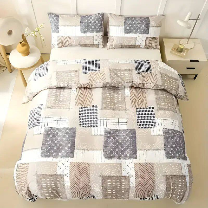 Back. Shatex - Beige square pattern twin 2 pieces comforter set, simple, sophisticated - beige.