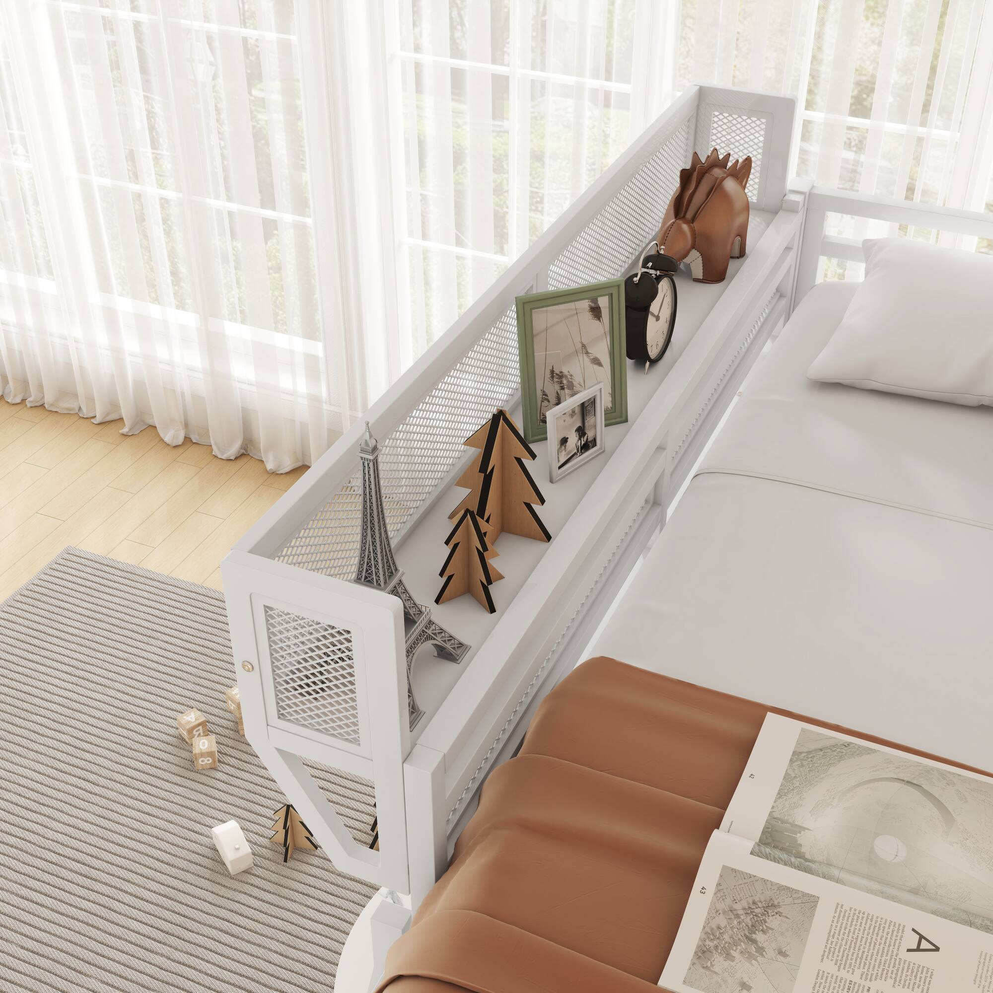 Back. GOODSILO - Queen Size Metal Loft Bed with Storage Shelves and Ladder for Kids and Teens - White.