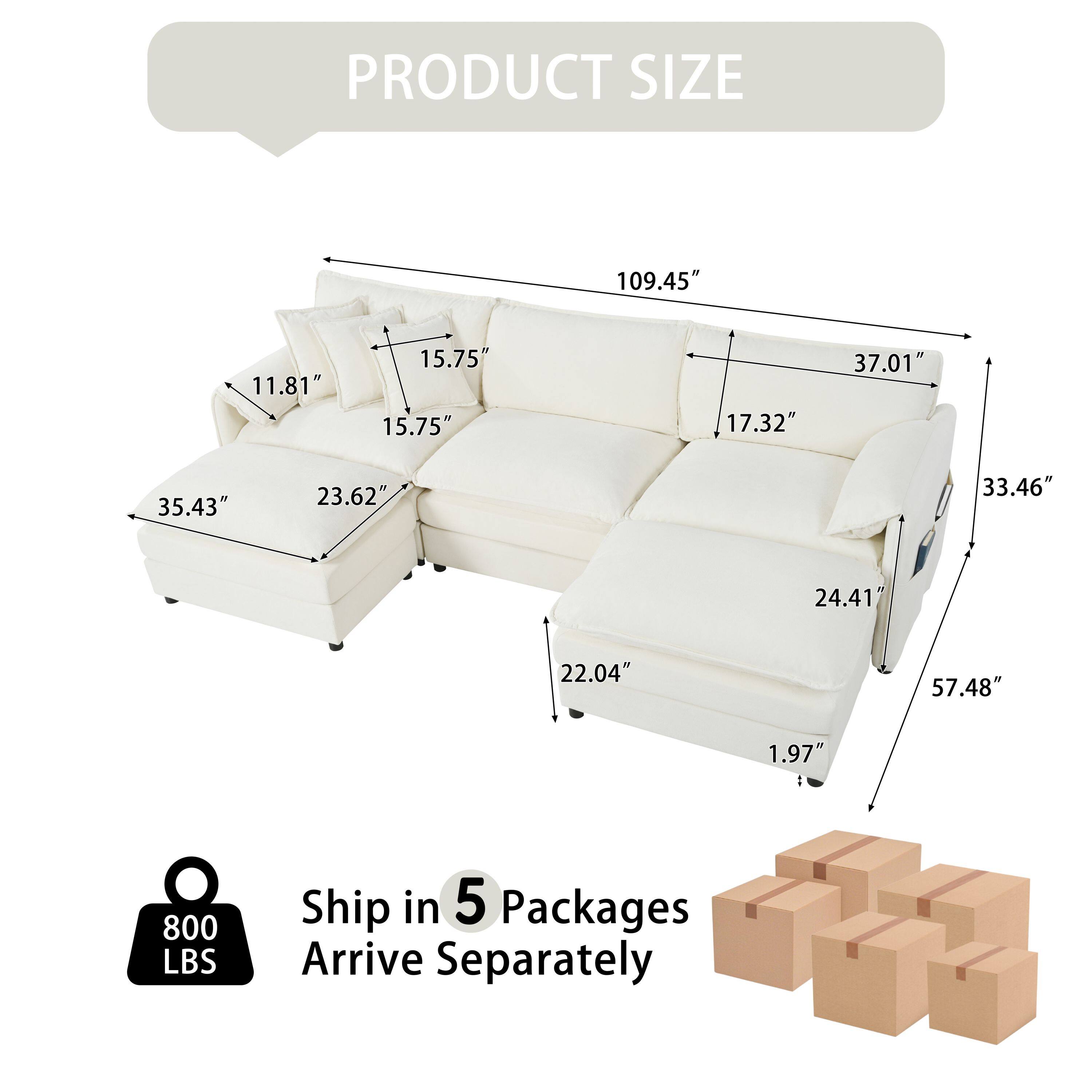 PRODUCT SIZE  
109.45"  
37.01"  
35.43"  
23.62"  
11.81"  
15.75"  
15.75"  
17.32"  
33.46"  
24.41"  
22.04"  
57.48"  
1.97"  

Ship in 5 Packages  
Arrive Separately  

800 LBS