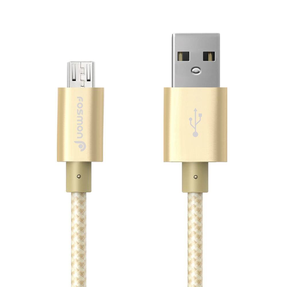 Angle. Fosmon - 3ft High-Speed Micro USB to USB Sync & Charge Data Cable - Fabric Braided Jacket | Aluminum Housing | 480Mbps, Gold - Gold.
