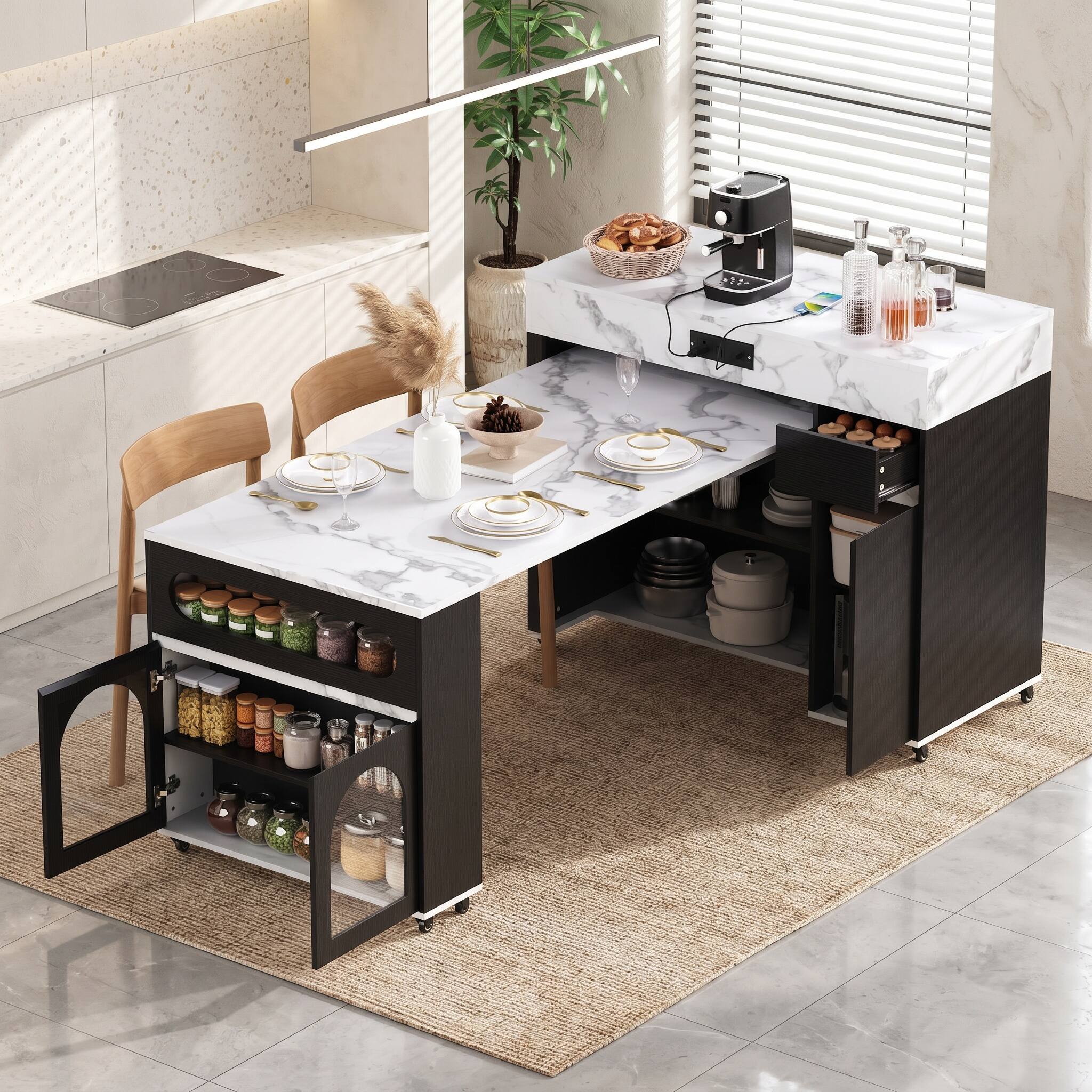 Alt View 10. Forest'nSky - Black Sideboard Buffet Cabinet Extendable Dining Table with Extra-Long Folding Top,Drawers, Power Outlet and Brake lock - Black.