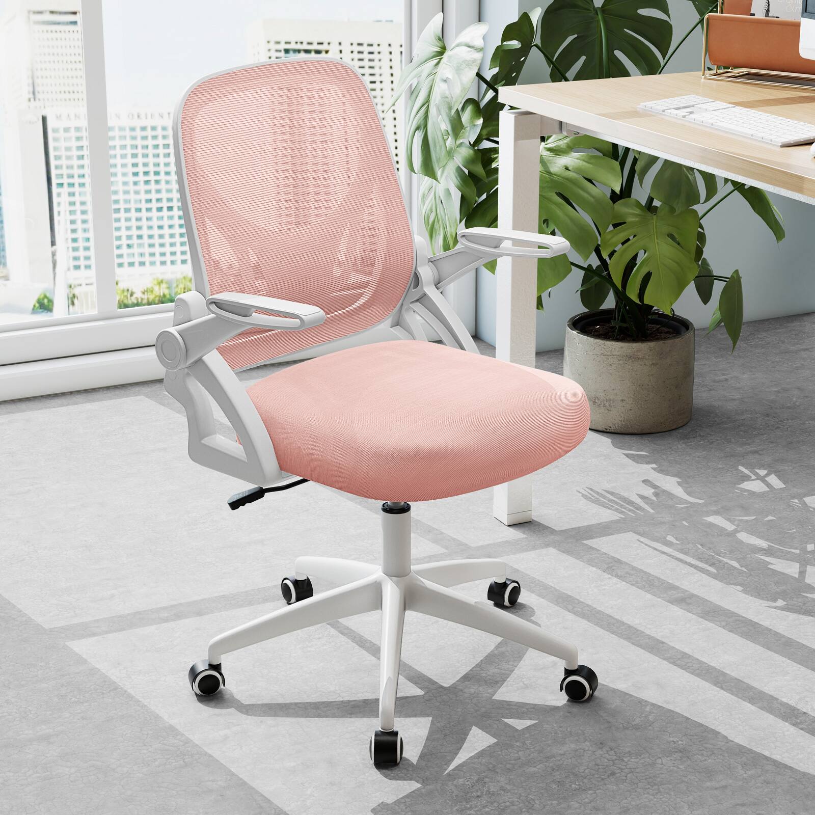 Alt View 3. Costway - Costway Mesh Office Chair with Lumbar Support & Flip-up Arms Rolling Casters for Work - Pink.