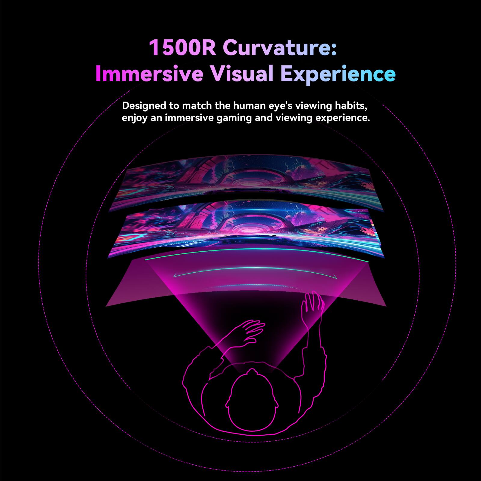 1500R Curvature:  
Immersive Visual Experience  

Designed to match the human eye's viewing habits, enjoy an immersive gaming and viewing experience.