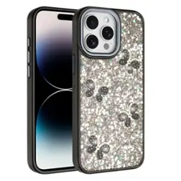 Kitcheniva - Full Glitter Flakes Butterflies Phone Case For iPhone 14 Pro Max - Black