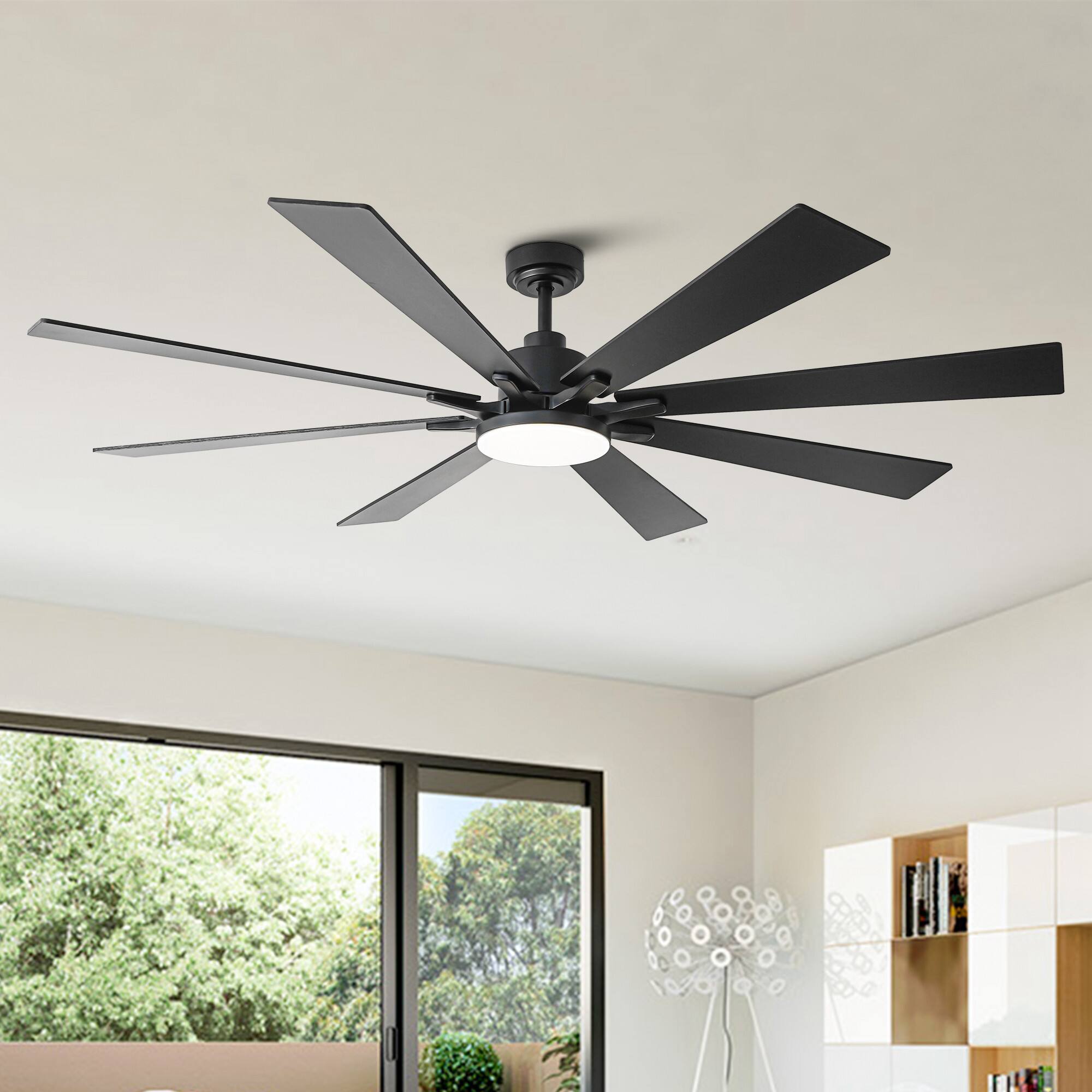 Back. Vaczon - 72" Industrial Black Large Smart Ceiling Fan with Light and APP Control - Black.