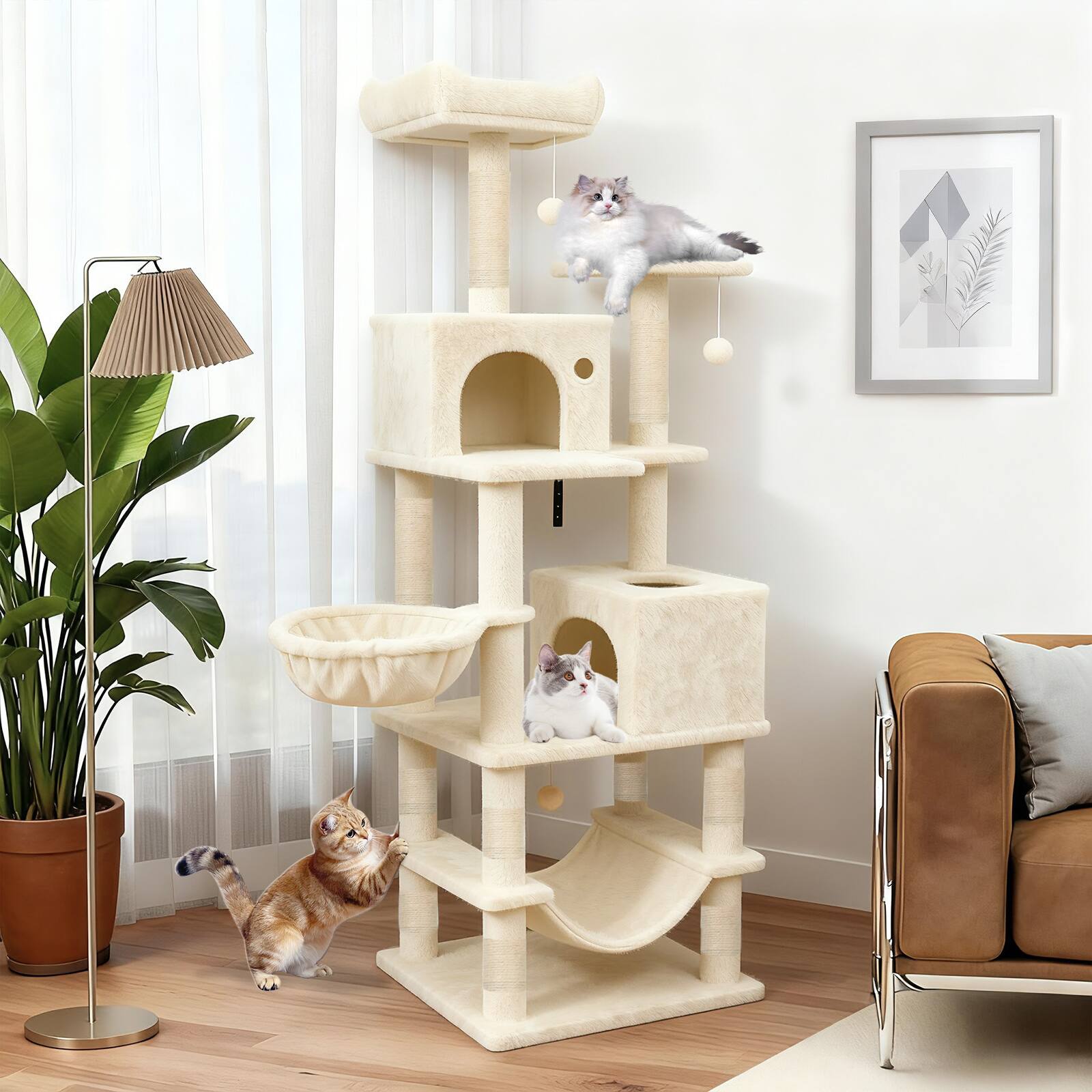 Alt View 3. Gymax - Gymax 66'' Tall Cat Tree w/2 Condos Sisal Scratching Posts Plush Perch Hammock Basket Beige.