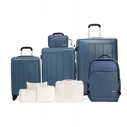 Front. BreeBe - 9-Piece ABS+PC Hardshell Luggage Set, 20"/24"/28" Suitcases with Backpack, Toiletry Bag, 4 Storage Bags, TSA Lock - Blue.