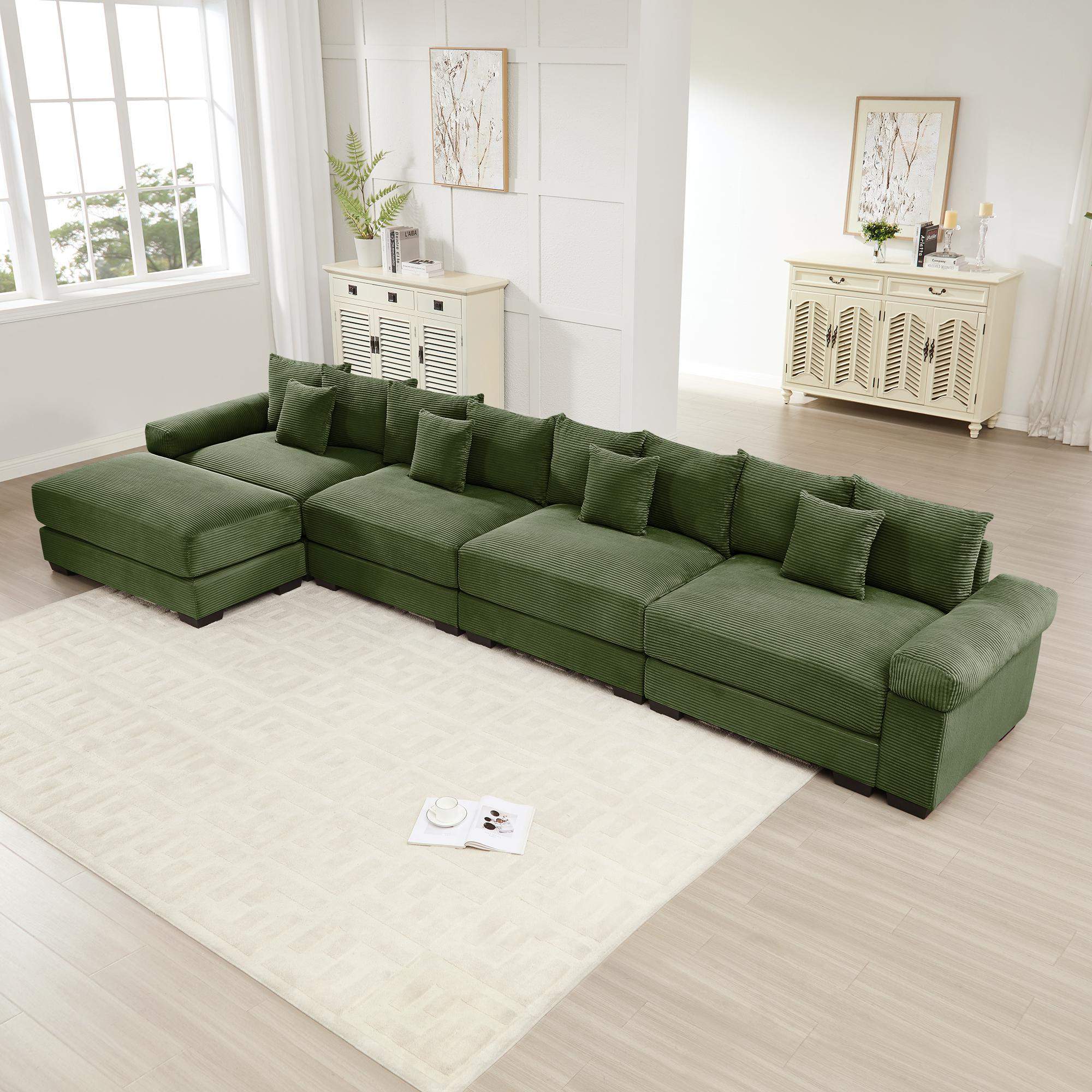 Angle. Roomtec - 170 inch Oversized Cloud Modular LShape Sectional CouchSoft Corduroy Fabric With An OttomanDeep Seat Wide - Green.