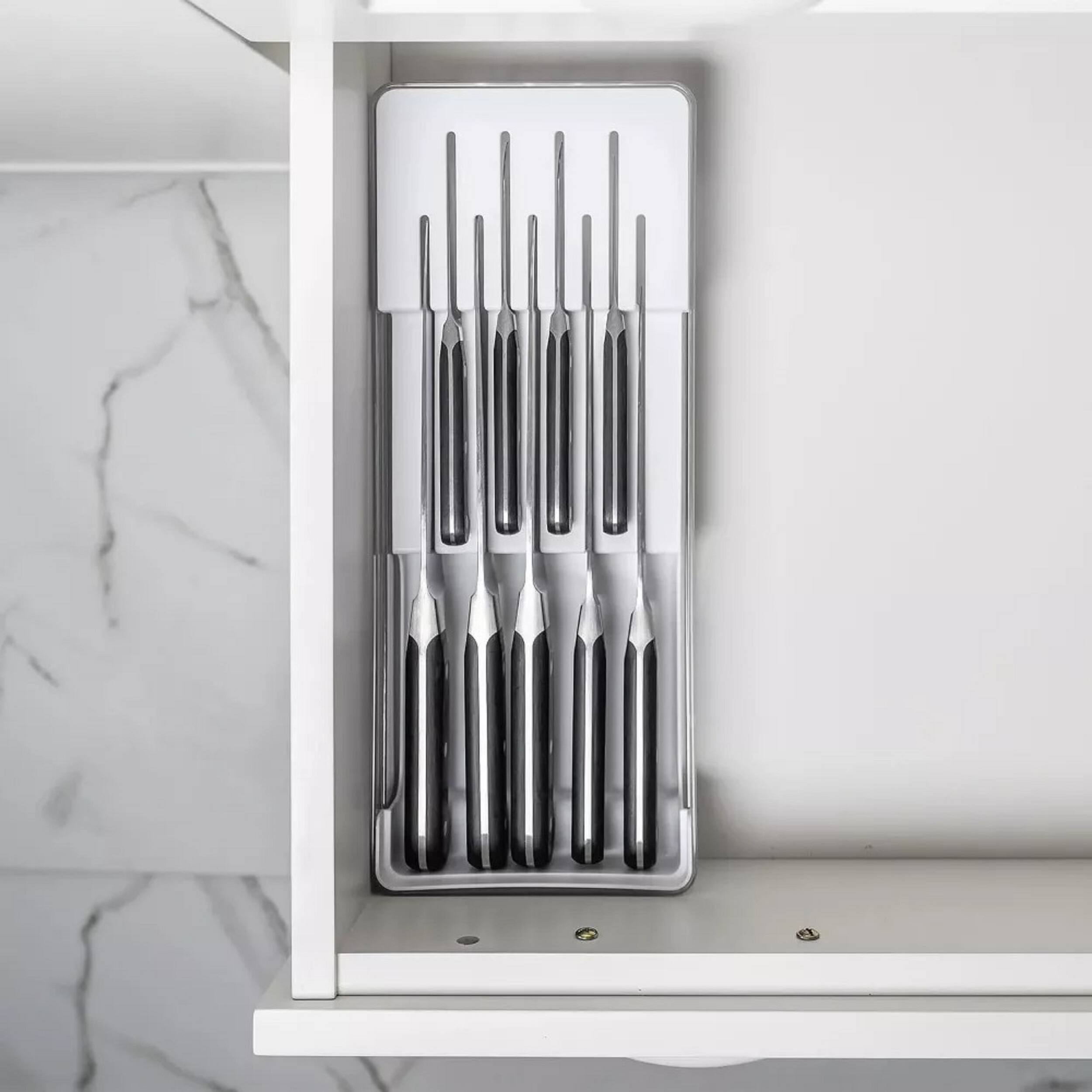 Left. OU - OU In Drawer Knife Organizer, Compact Knife Holder, Utensil Storage Drawer Insert, Kitchen Organizer - White - White.