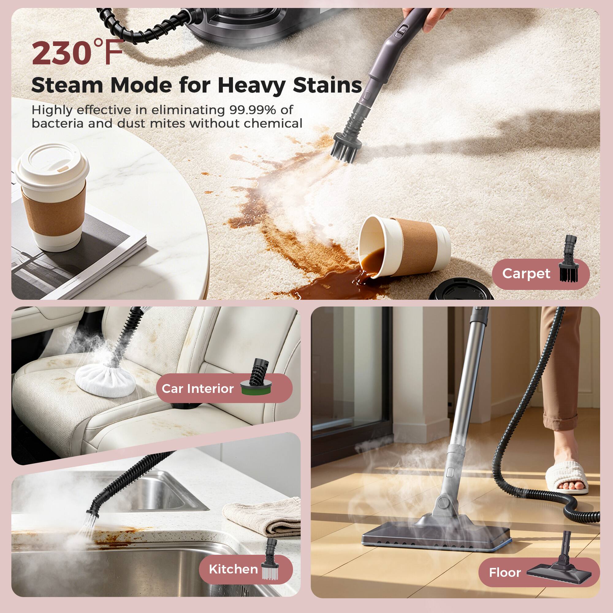 230°F Steam Mode for Heavy Stains

Highly effective in eliminating 99.99% of bacteria and dust mites without chemical

Carpet
Car Interior
Kitchen
Floor