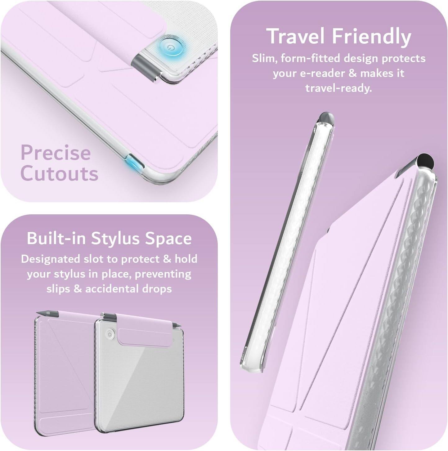 - **Travel Friendly**
  - Slim, form-fitted design protects your e-reader & makes it travel-ready.

- **Precise Cutouts**

- **Built-in Stylus Space**
  - Designated slot to protect & hold your stylus in place, preventing slips & accidental drops