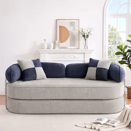 Vipbear - Curved Loveseat with 4 Pillows, Modern Boneless Couch, Convertible Sleeper Sofa Bed - gray/blue