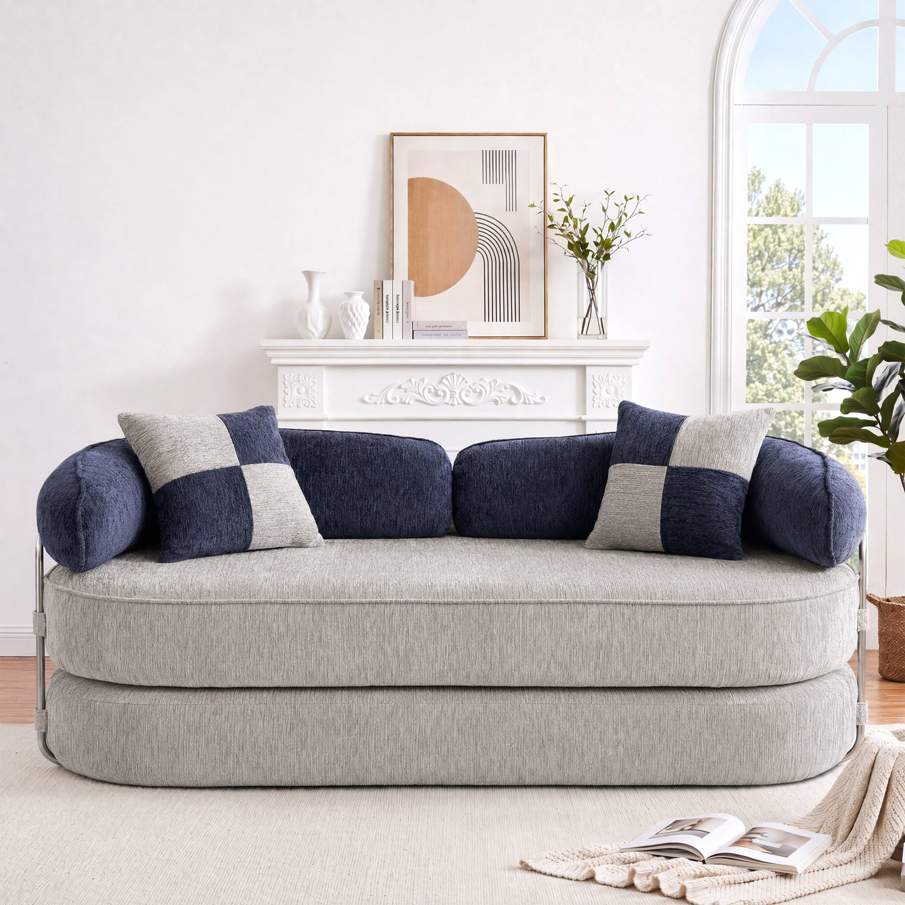 Front. Vipbear - Curved Loveseat with 4 Pillows, Modern Boneless Couch, Convertible Sleeper Sofa Bed - gray/blue.