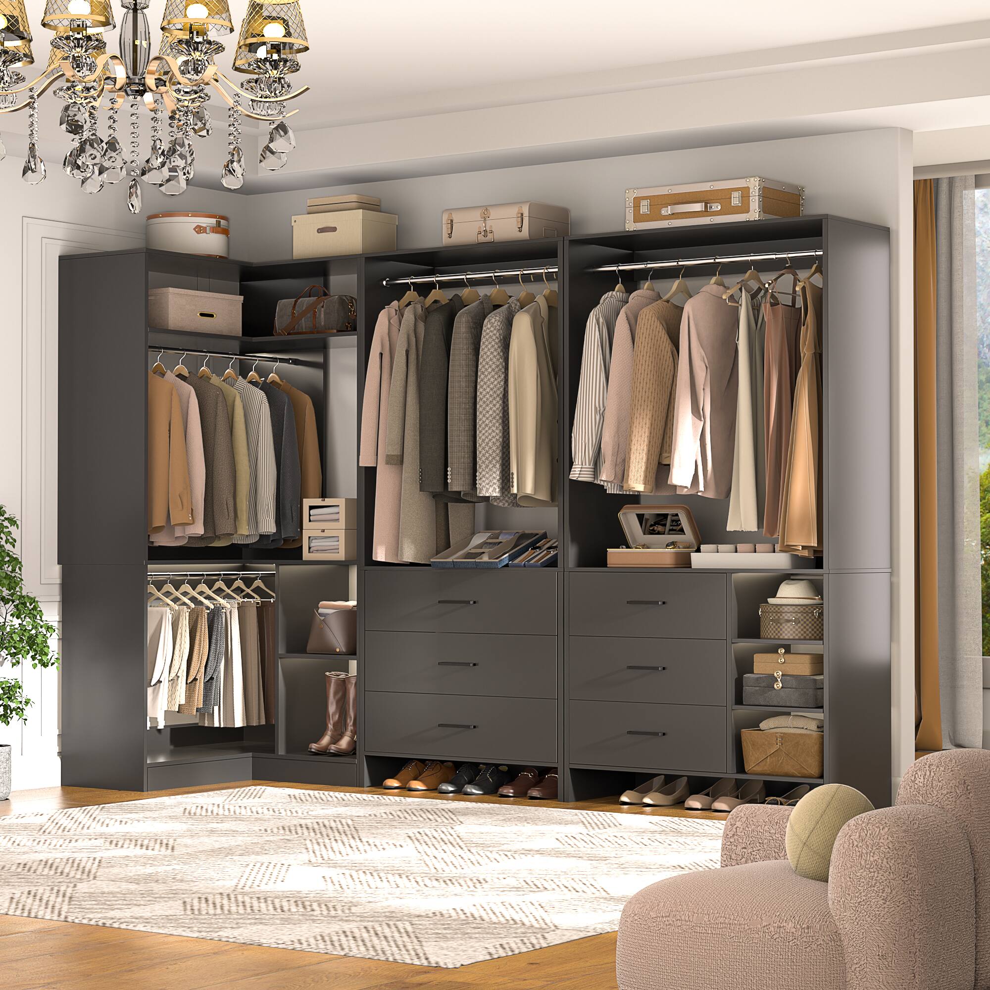 Angle. Aheaplus - L Shaped Closet System with 4 Drawers, 4 Hanging Rods, and Corner Tower, 80.9'' Corner Wardrobe System, Reversible - Black.