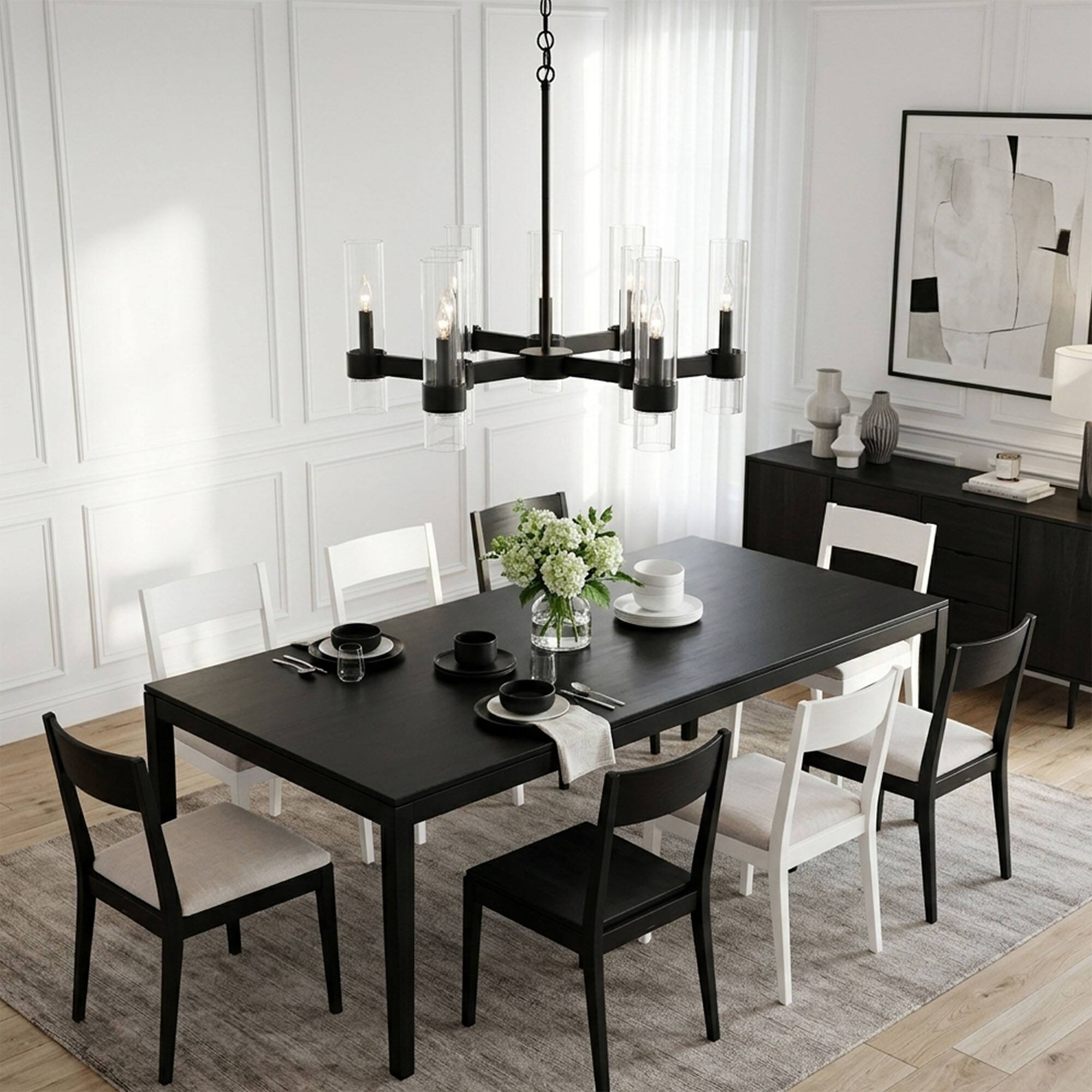Alt View 1. RYHNUYNE - 9-Light Black Farmhouse Chandelier With Clear Cylinder Glass Shades, Modern Farmhouse Pendant Light For Dining Room - balck.