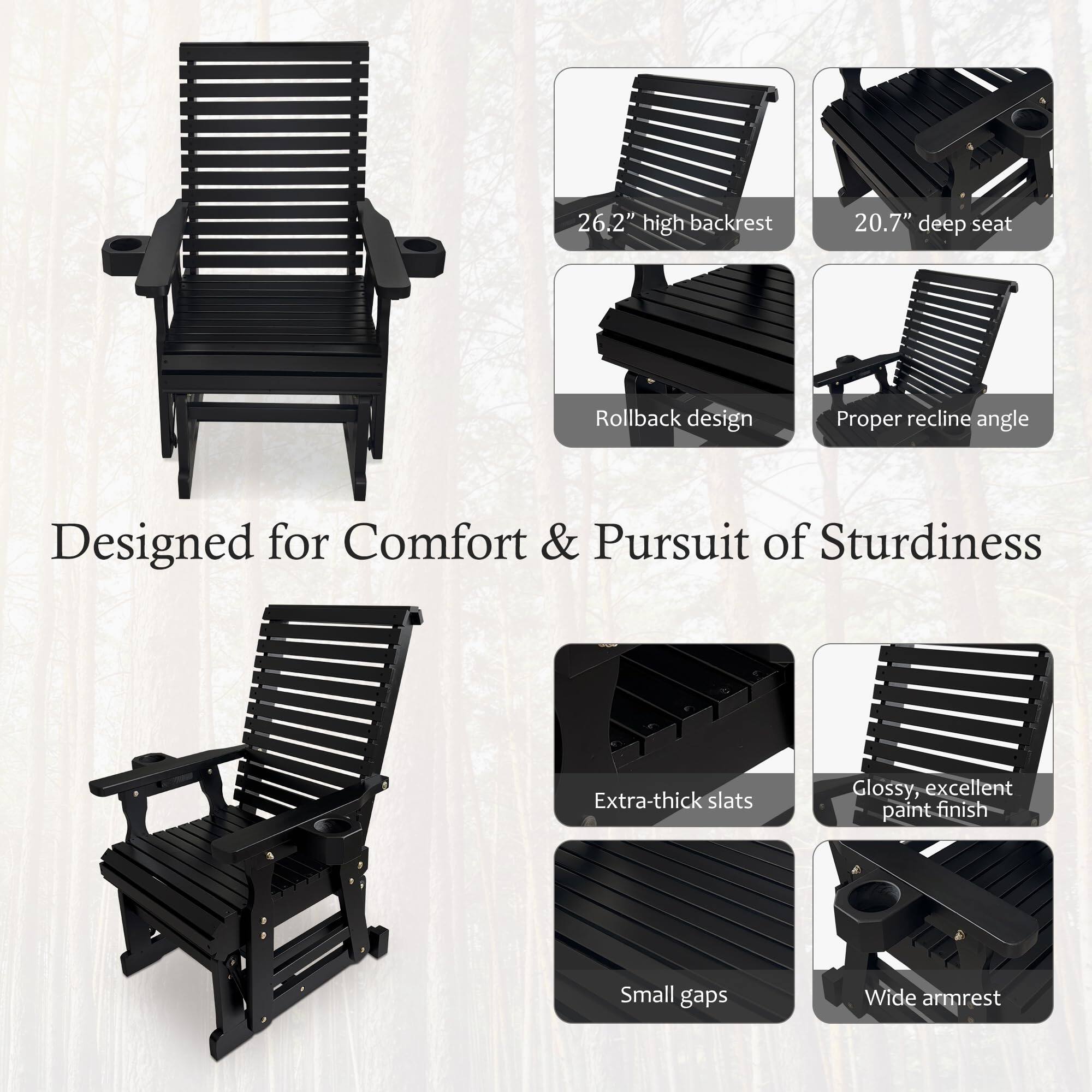 26.2" high backrest  
20.7" deep seat  
Rollback design  
Proper recline angle  

Designed for Comfort & Pursuit of Sturdiness  

Extra-thick slats  
Glossy, excellent paint finish  
Small gaps  
Wide armrest
