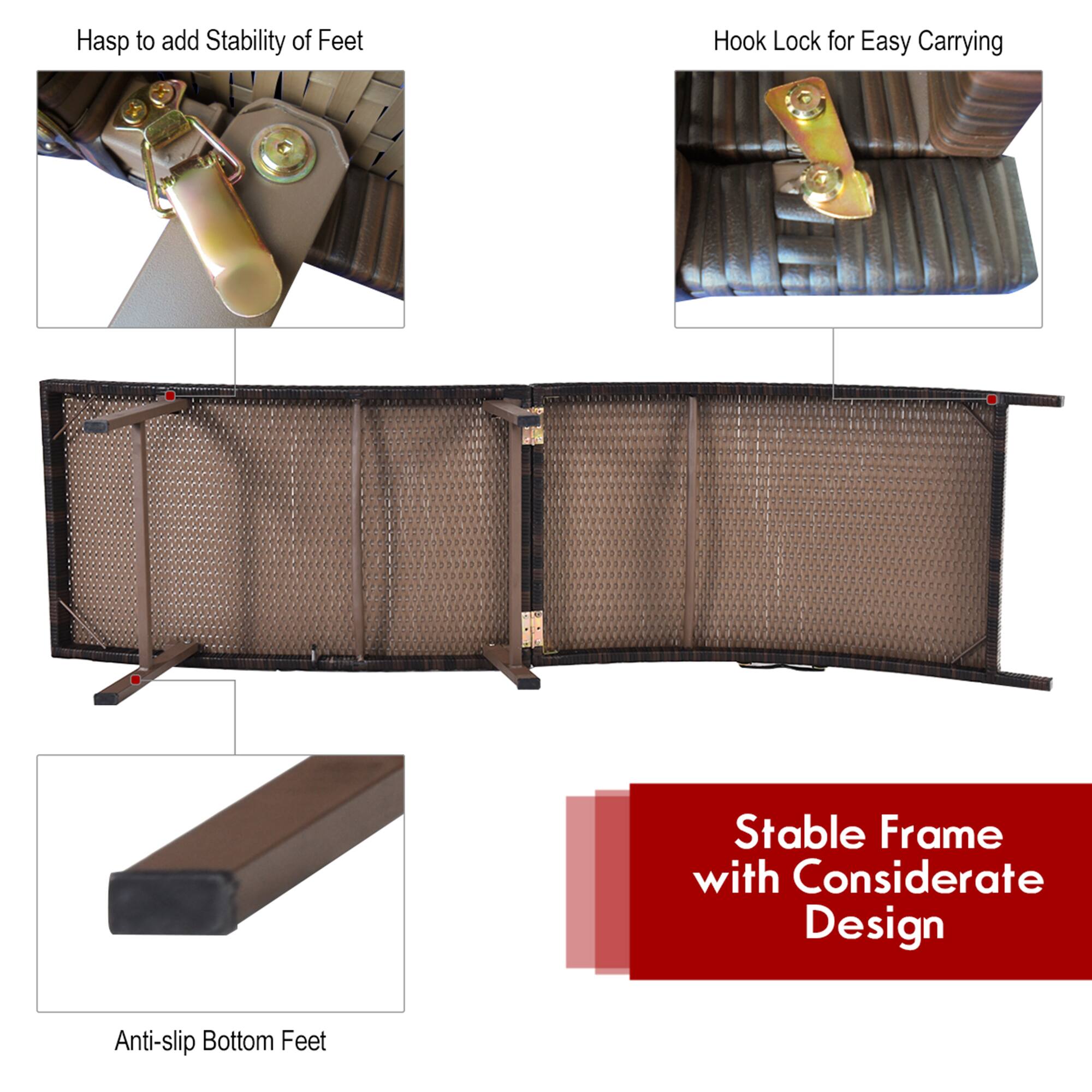 The text on the image is grouped as follows:

1. Hasp to add Stability of Feet: This refers to the hasp used to secure the feet of the frame, providing stability and preventing it from moving.
2. Hook Lock for Easy Carrying: This refers to the hook lock mechanism that allows for easy carrying and storage of the frame.
3. Stable Frame with Considerate Design: This refers to the overall design of the frame, which is stable and considerate of the user's needs.
4. Anti-slip Bottom Feet: This refers to the anti-slip bottom feet that prevent the frame from slipping on surfaces.