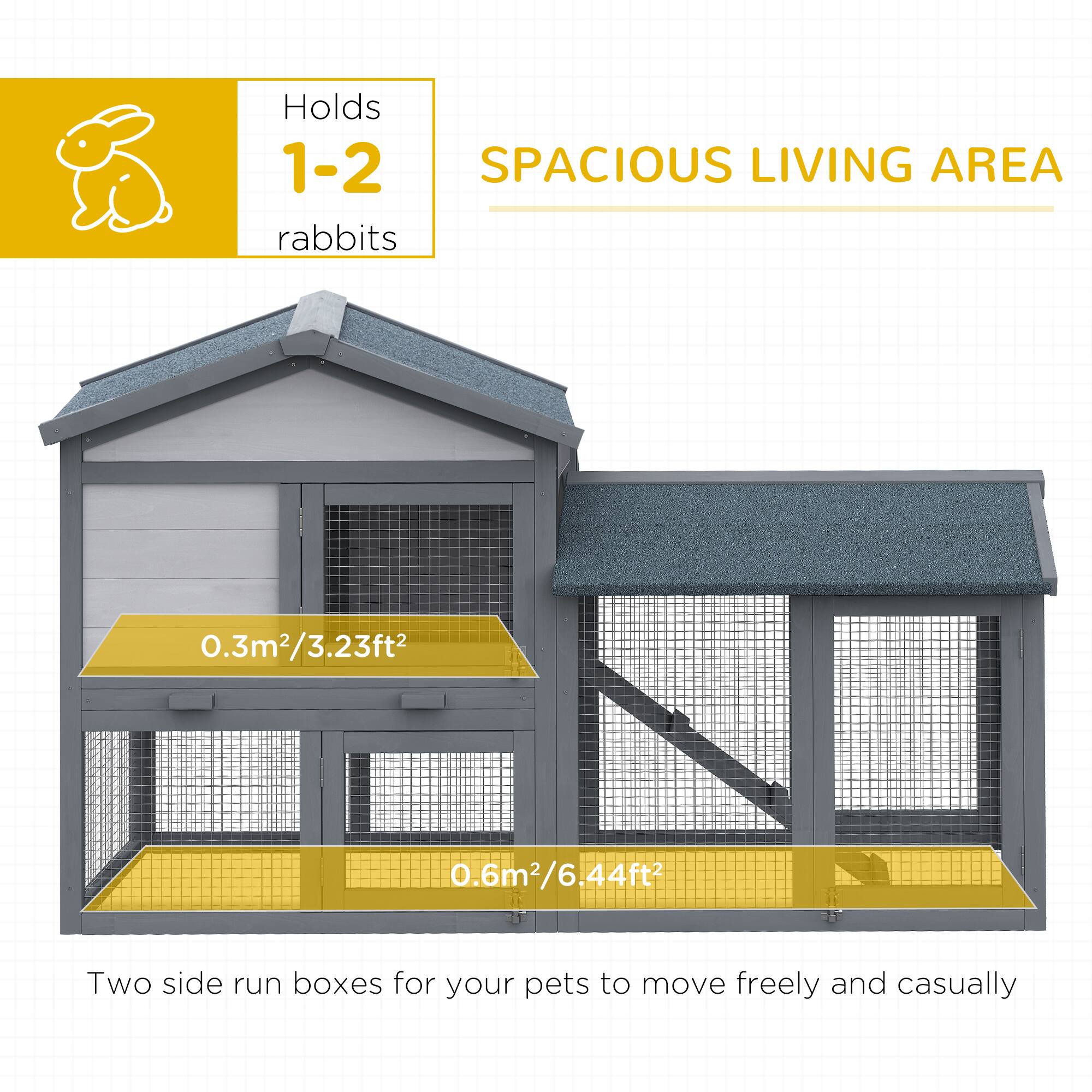 Holds 1-2 rabbits

SPACIOUS LIVING AREA

0.3m²/3.23ft²

0.6m²/6.44ft²

Two side run boxes for your pets to move freely and casually