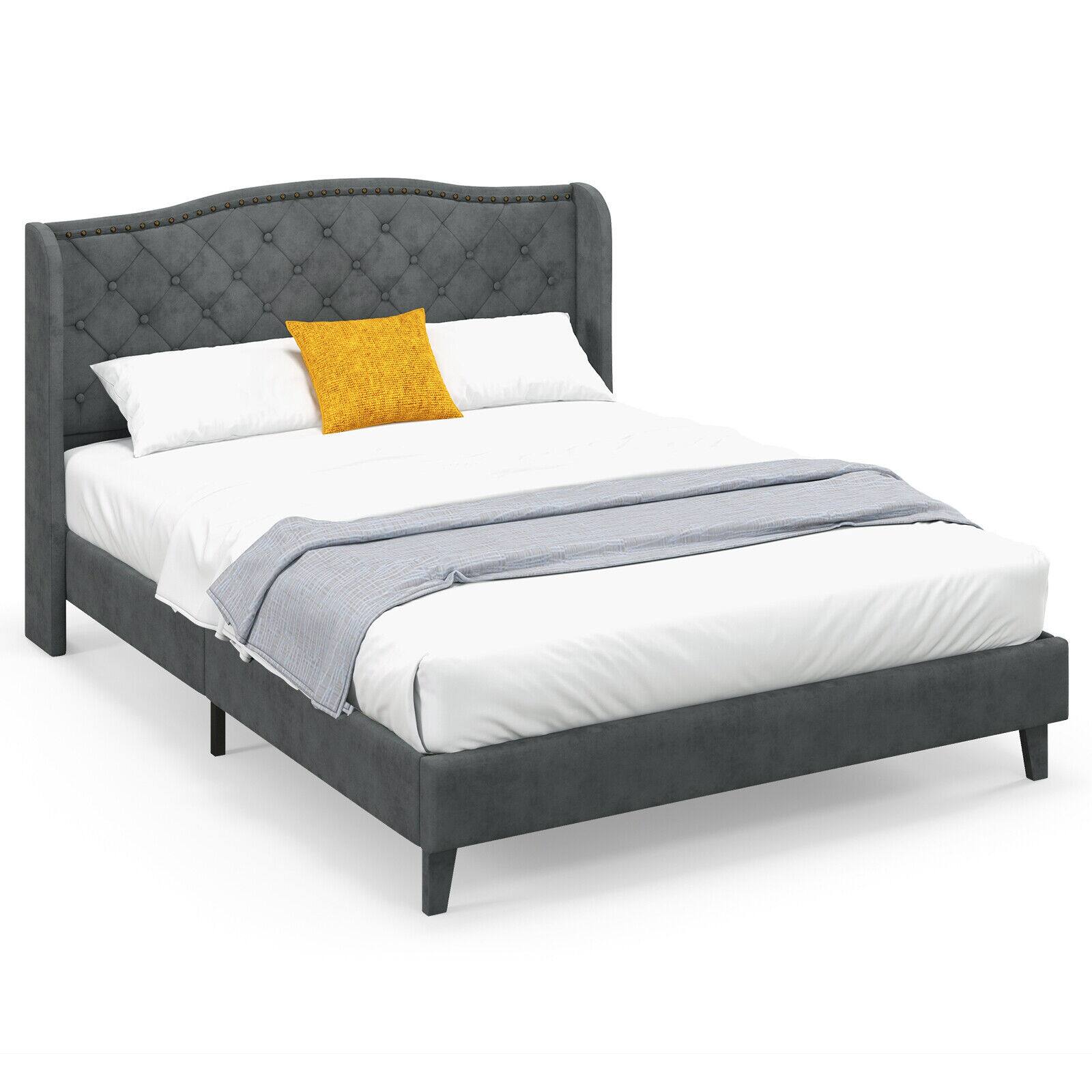 Ecooso - Queen Size Upholstered Bed Frame with Button Tufted Headboard - Gray