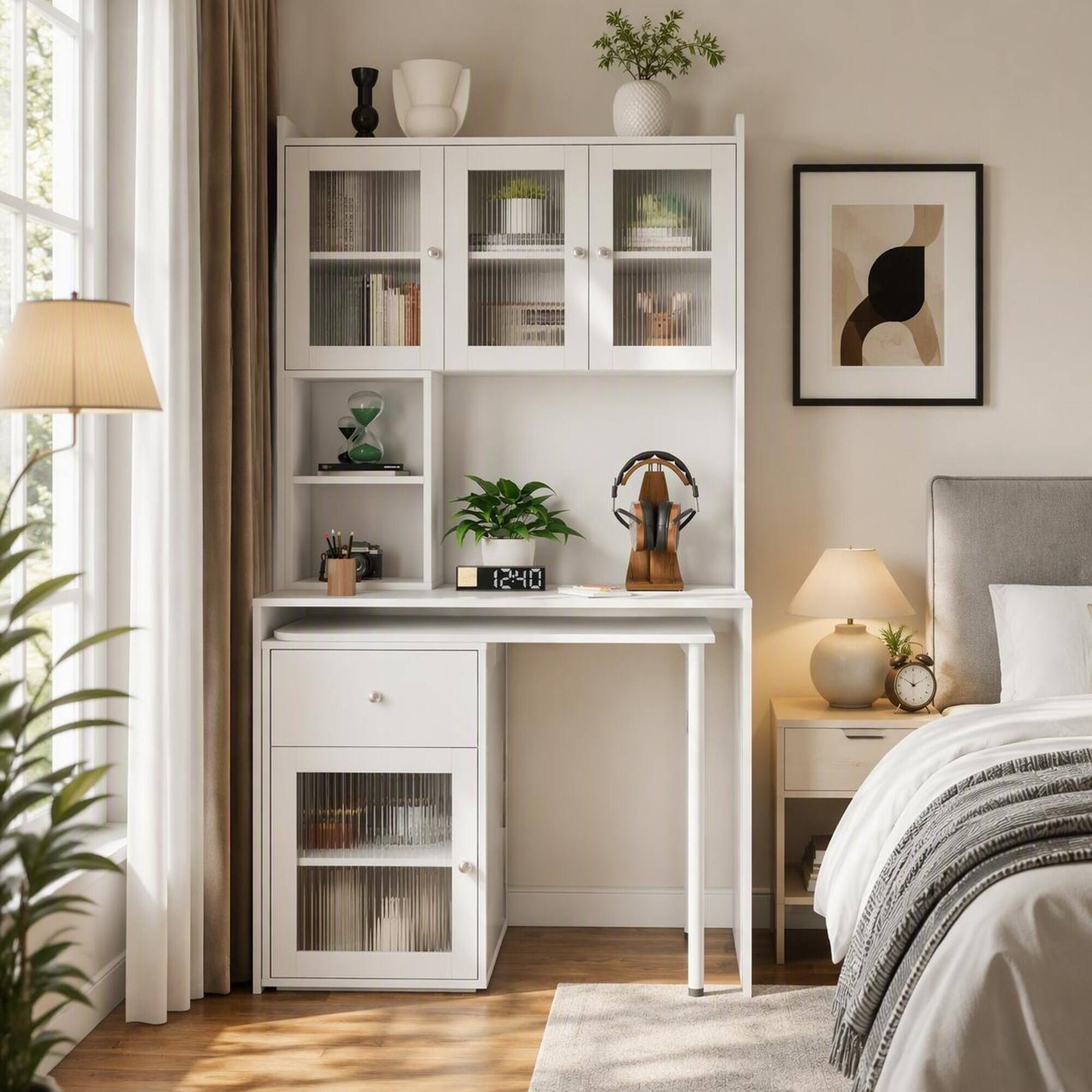 Left. RYHNUYNE - Computer Desk with Glass Door Hutch, 90 Degree Rotating Desktop, Storage Shelves and Drawer for Home Office, Study - White.