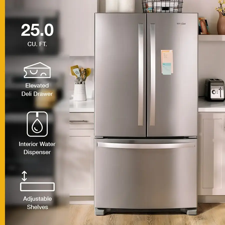 The text on the image reads: "25.0 CU. FT. WhISoa WH Elevated Deli Drawer O: DO Interior Water Dispenser Adjustable Shelves."