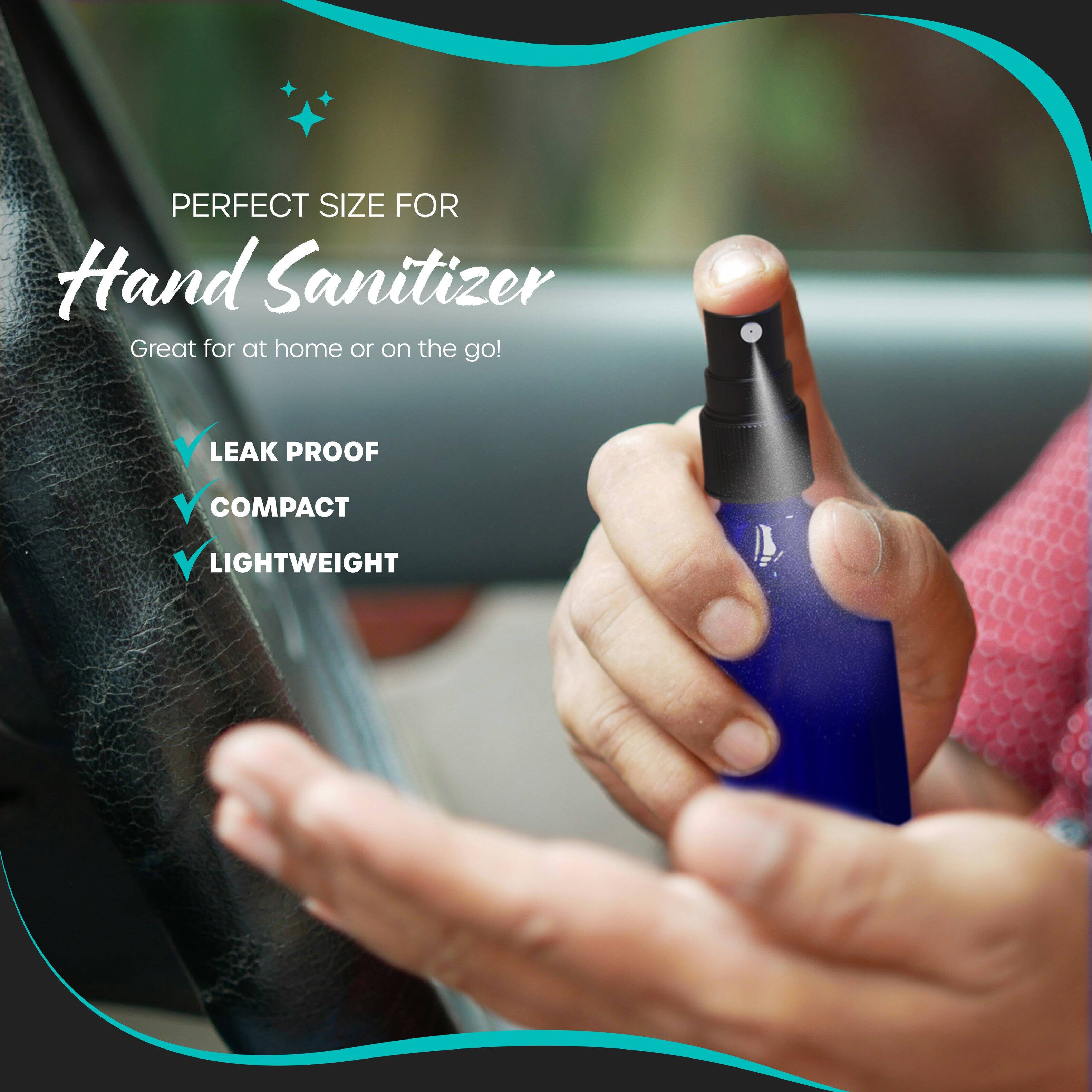 PERFECT SIZE FOR Hand Sanitizer  
Great for at home or on the go!  
LEAK PROOF  
COMPACT  
LIGHTWEIGHT