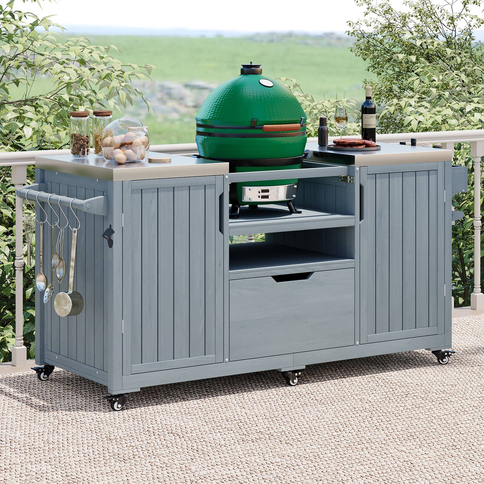Chateau Abodes - 66.5" Outdoor Kitchen Island for Big Green Egg & Kamado Joe, Solid Wood Cart with Stainless Steel Top & Drawer - Grey Blue