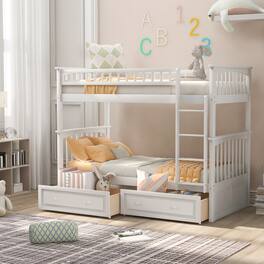 Loheer - Twin Over Twin Bunk Bed with Drawers, Convertible Solid Wood Bunk Bed - White