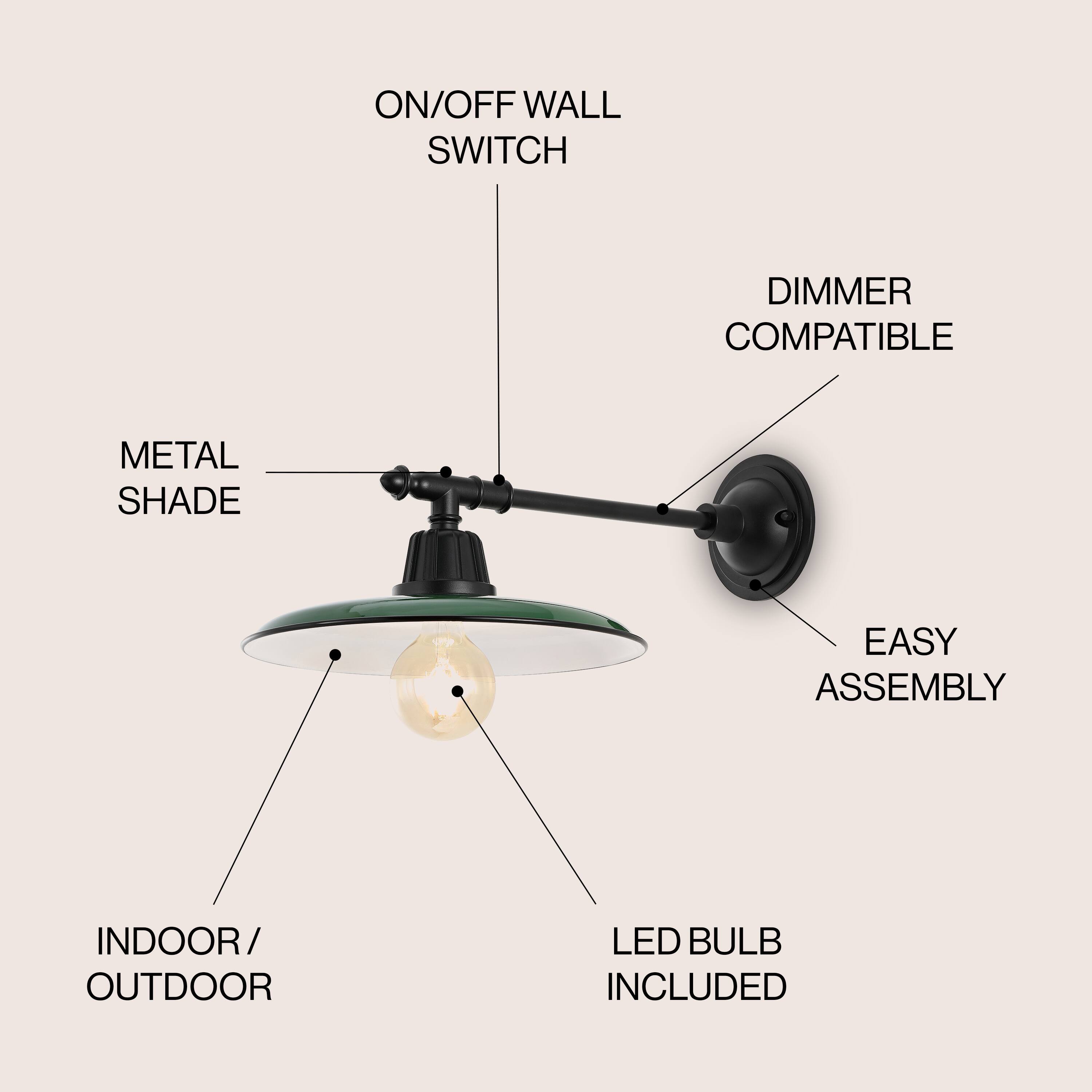 ON/OFF WALL SWITCH DIMMER COMPATIBLE METAL SHADE EASY ASSEMBLY INDOOR/OUTDOOR LED BULB INCLUDED
